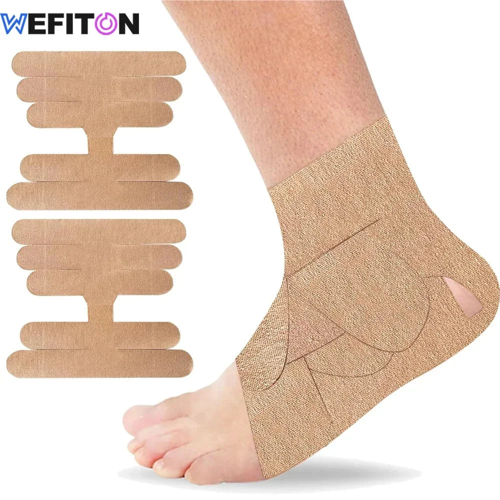 A foot wearing a beige kinesiology support tape for muscle and joint rehabilitation.
