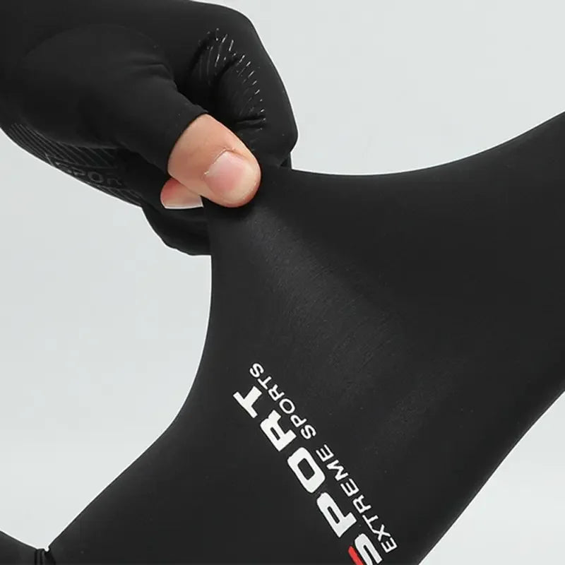 A close-up shot of a black sports arm sleeve being worn on an arm.