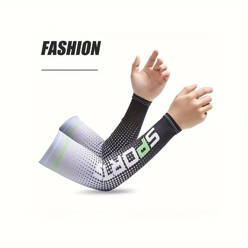 A hand wearing a black and white sports sleeve for UV protection and arm cooling.