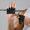 Black ergonomic anti-slip gym lifting gloves shown on a hand, highlighting anti-callus features.