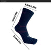 A dark navy blue men's sport compression sock displayed on a white background with size measurements.