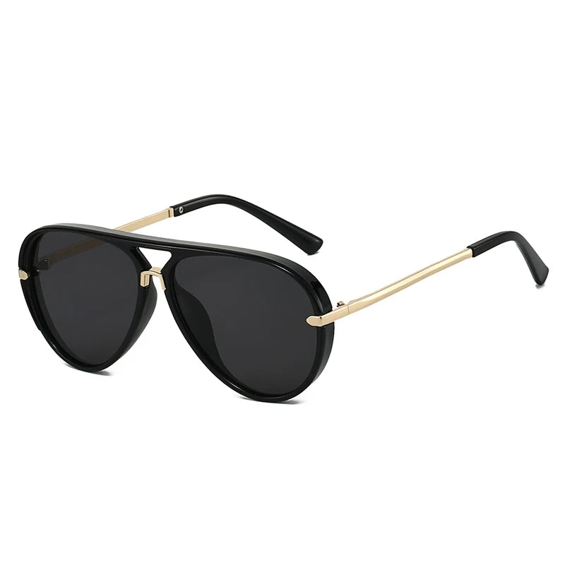 Black retro pilot sunglasses with gold accents and gradient UV400 lenses