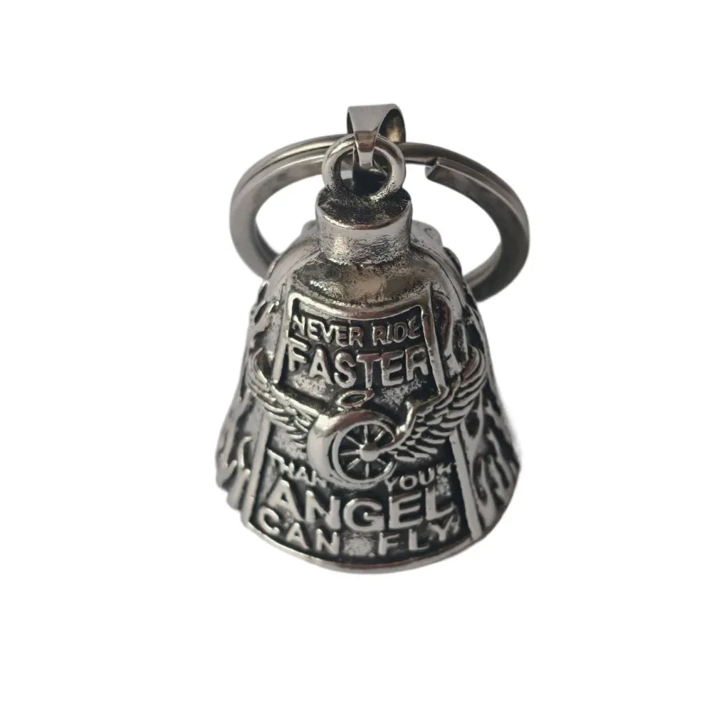 Silver bell pendant with an eagle design and text engraved on it