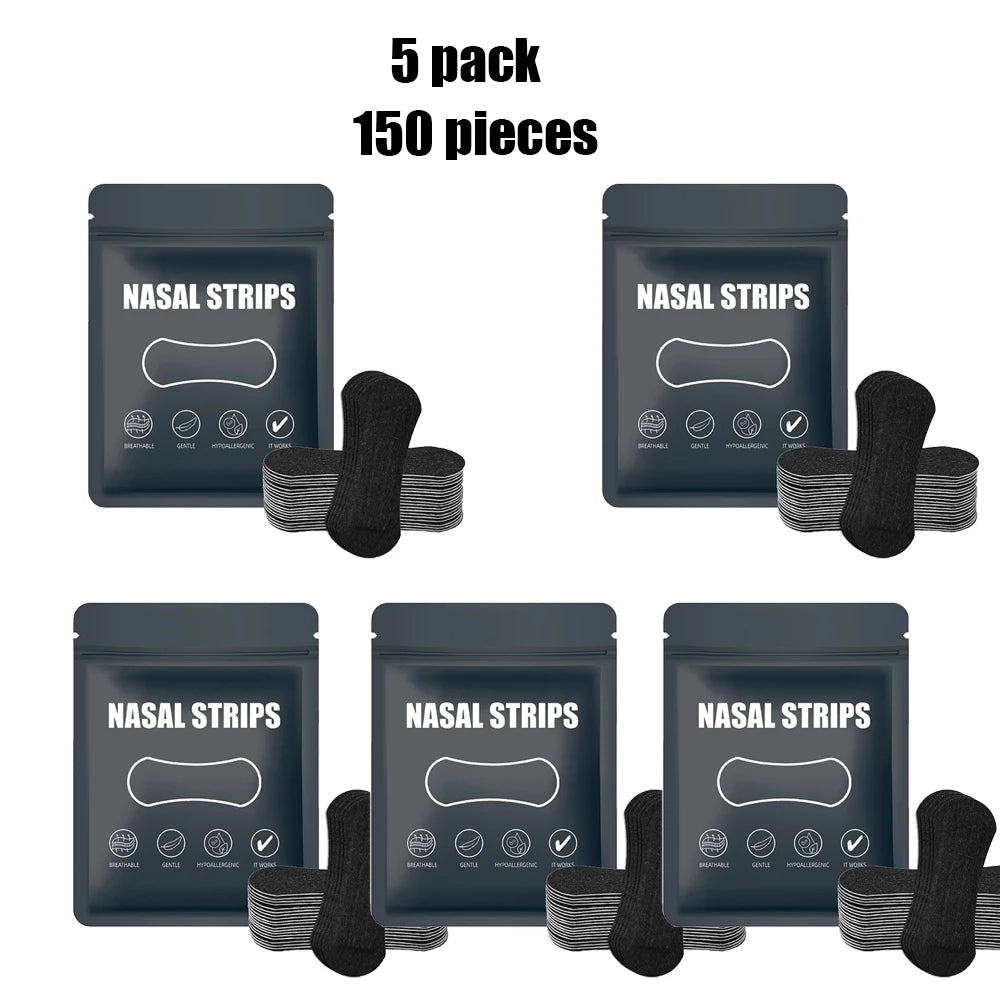 Ein Set aus fünf Packs mit 150 Nasenspangen zur Linderung von Schnarchen und zur Verbesserung der Atmung.