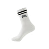 White crew socks with black stripes and the text NEW YORK