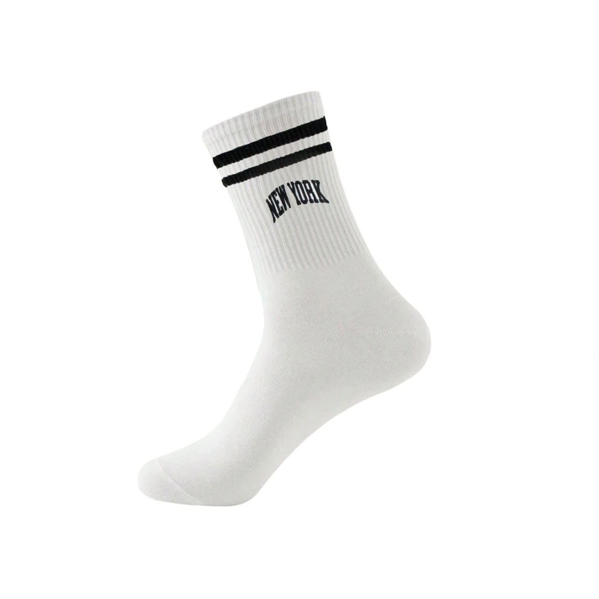 White crew socks with black stripes and the text NEW YORK