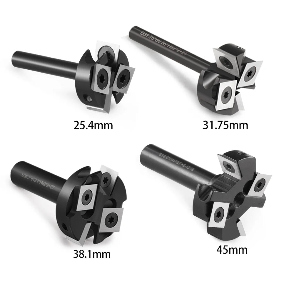 A set of precision wood milling router bits in black, shown at various sizes including 25.4mm, 31.75mm, 38.1mm, and 45mm.