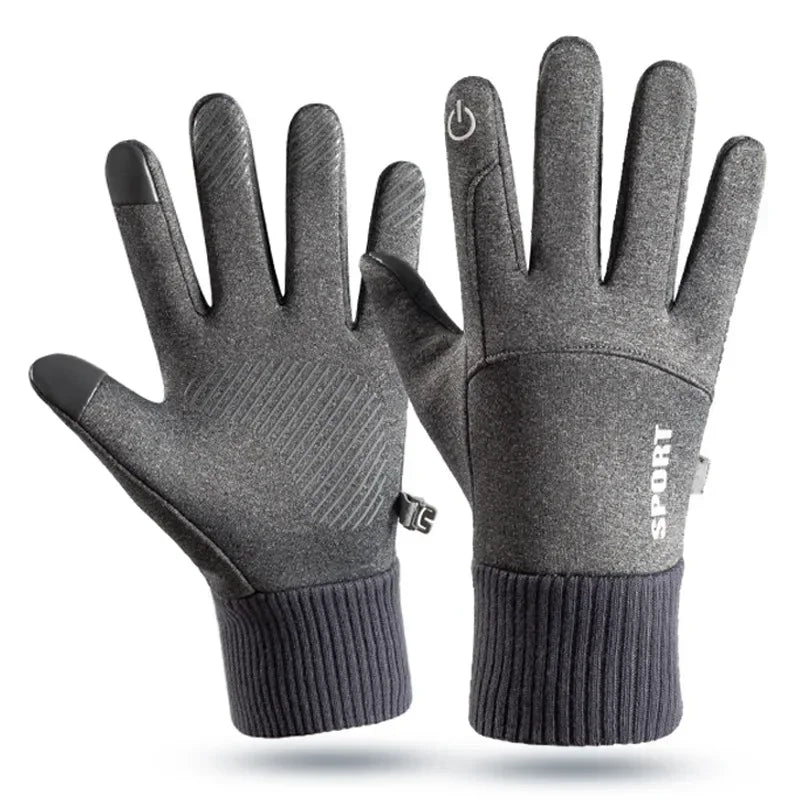A pair of gray thermal fleece touchscreen gloves for winter outdoor sports