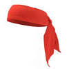 A bright red breathable sports headband tied in a knot.