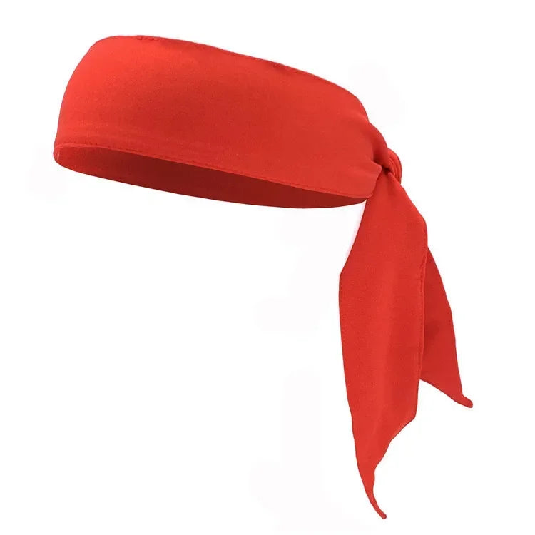 A bright red breathable sports headband tied in a knot.