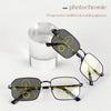 Pair of photochromic progressive reading glasses shown next to a glass, demonstrating multi-focal lens progression.