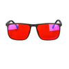 A pair of blue light blocking glasses with bright red lenses and black frames.