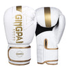 A pair of white boxing training gloves with gold accents shown from the front.