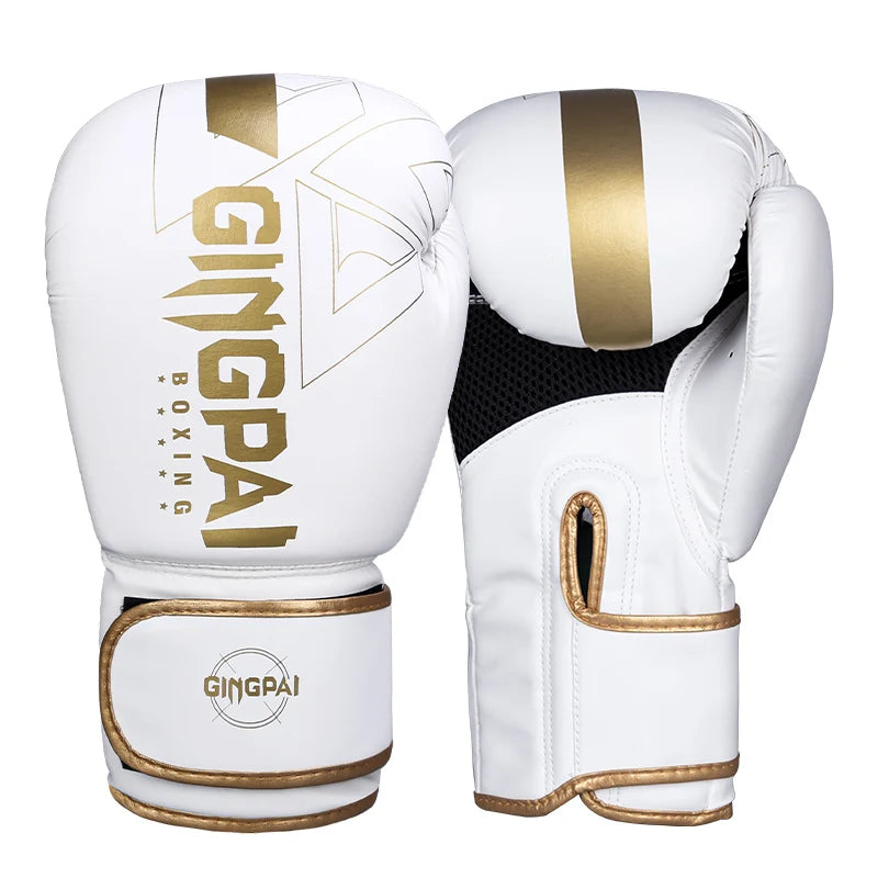 A pair of white boxing training gloves with gold accents shown from the front.