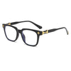 Classic square blue light blocking glasses with black frames and gold accents