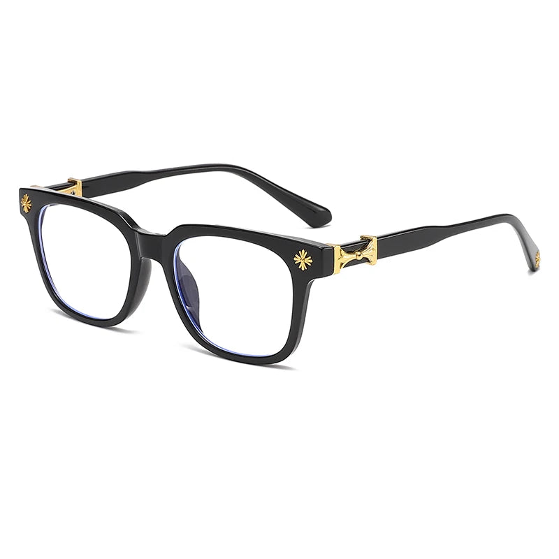 Classic square blue light blocking glasses with black frames and gold accents