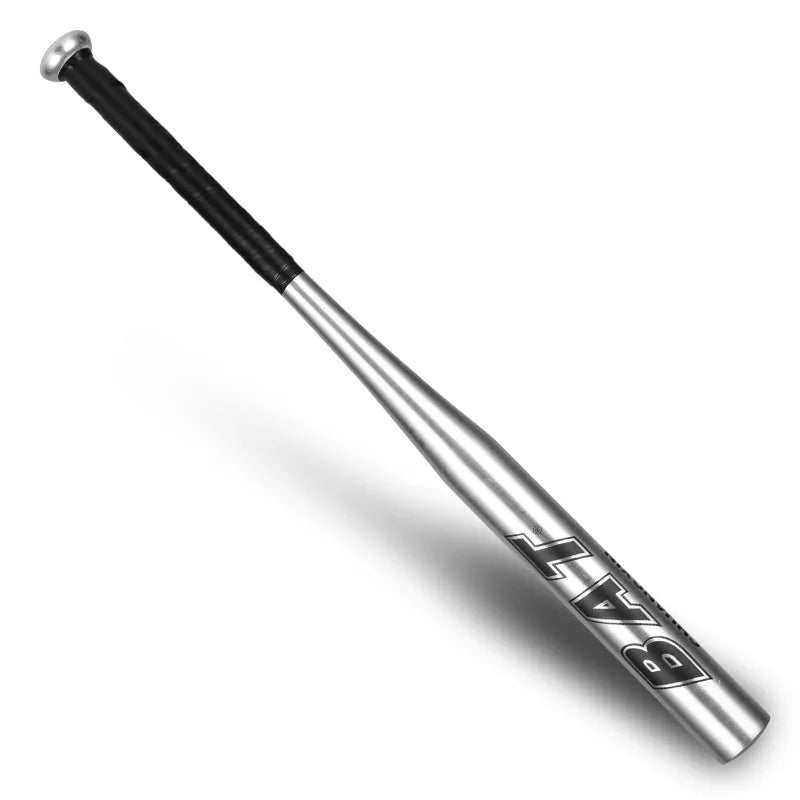 A silver aluminum baseball bat with a black grip and 'BAT' branding.