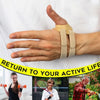 A hand wearing a beige thumb joint stabilizer brace is shown against a white shirt.