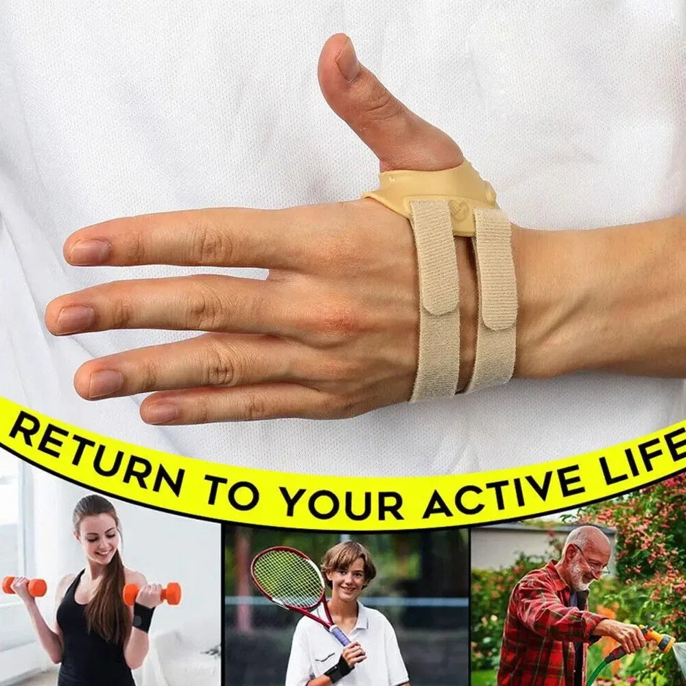 A hand wearing a beige thumb joint stabilizer brace is shown against a white shirt.