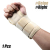 A hand is wearing a beige wrist support splint for arthritis and sprain prevention.