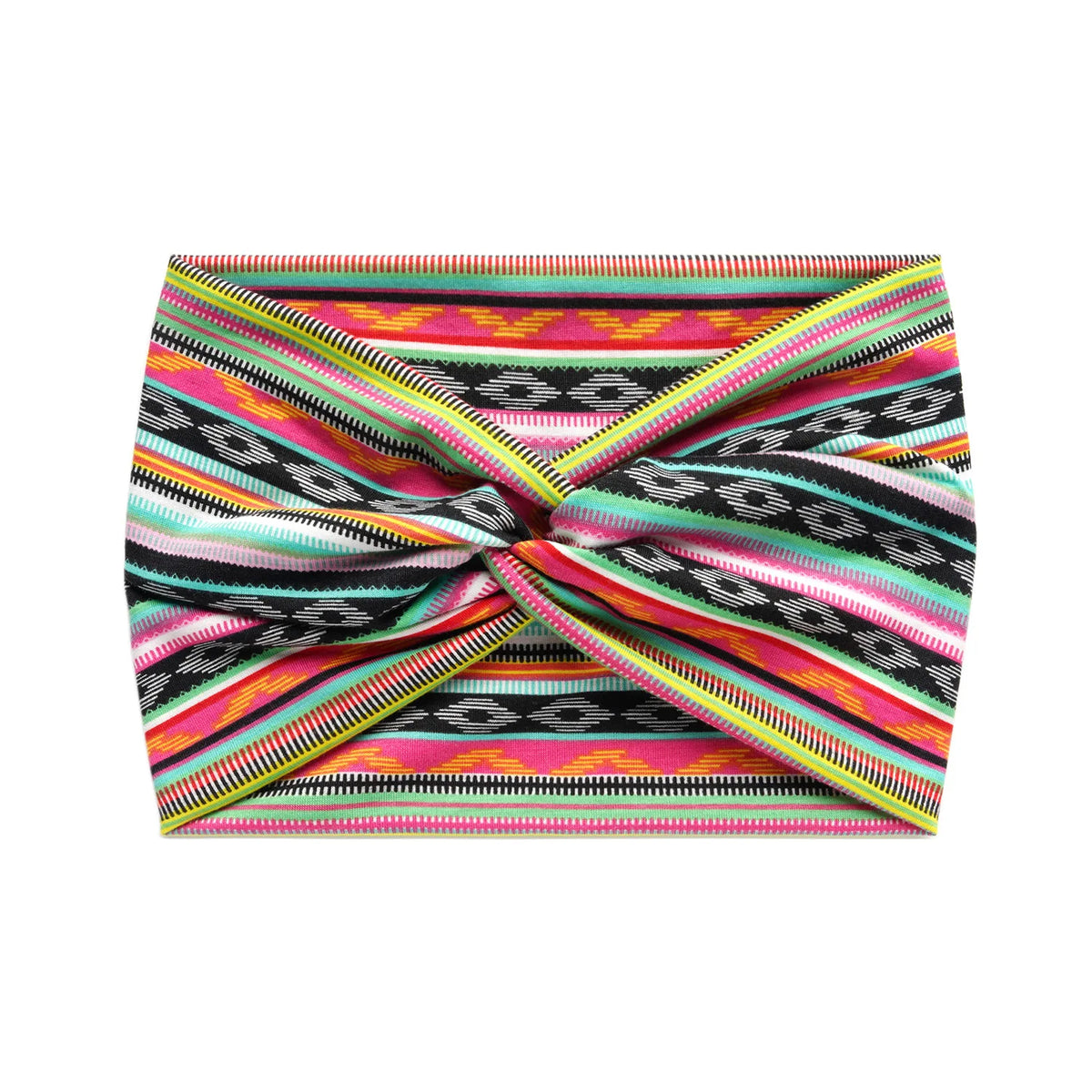 Buntes gestreiftes Stoff-Haarband mit geometrischen Mustern in rosa, grün, schwarz und orange.