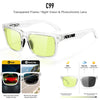 Clear frame photochromic sunglasses with yellow lenses shown in various light conditions