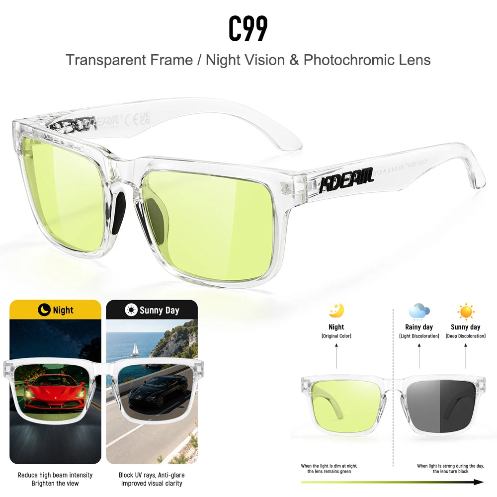 Clear frame photochromic sunglasses with yellow lenses shown in various light conditions