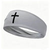 A silver athletic sweat headband with a black cross design.