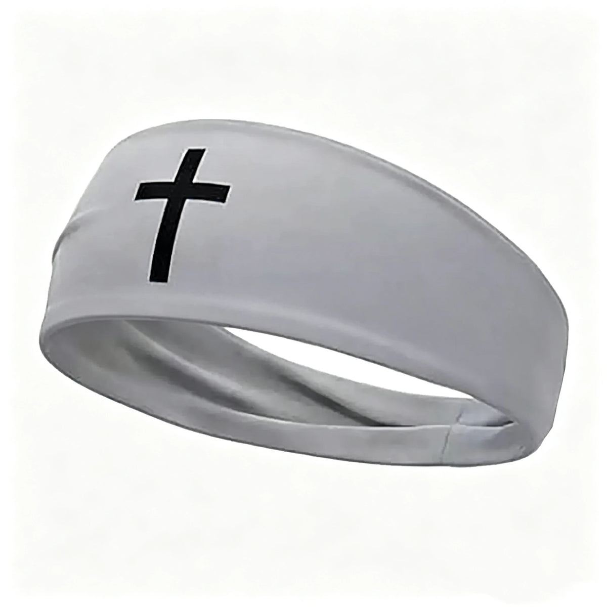 A silver athletic sweat headband with a black cross design.