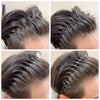 Close-up images showing a dark gray hairstyle styled with fashion metal hair bands