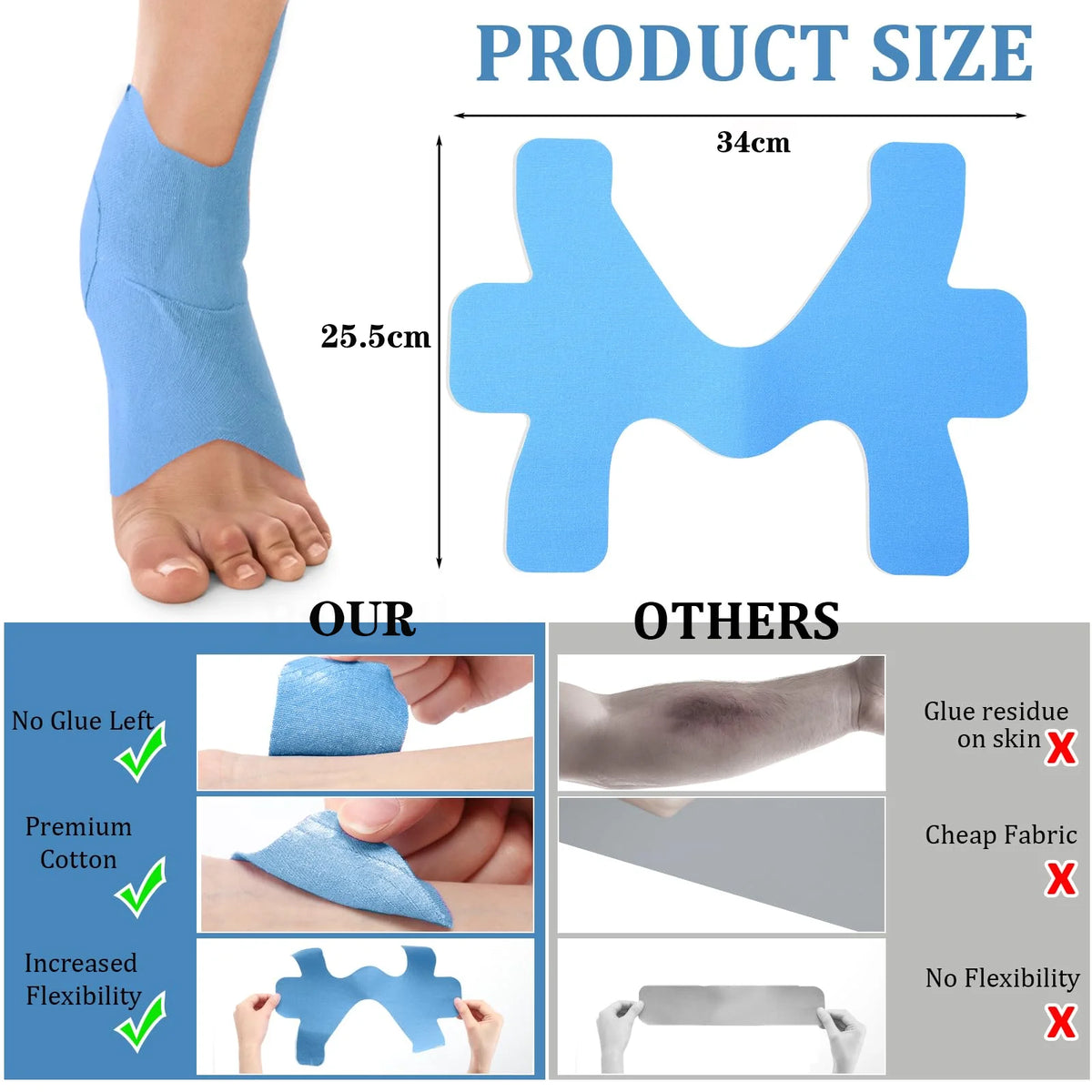 Ruban élastique bleu pour le cheville et les articulations, montré à côté d'un pied et divers exemples d'utilisation.