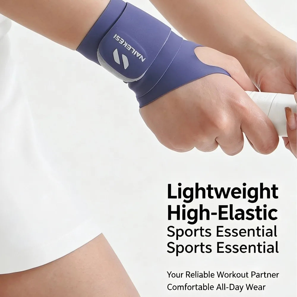 A hand wearing a purple Nikei sports elastic wrist brace for workout recovery.