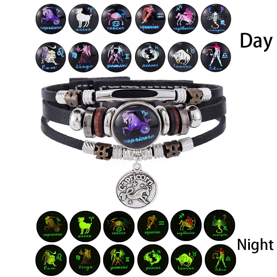 Colección de pulseras y colgantes de cuero de constelaciones zodiacales para día y noche
