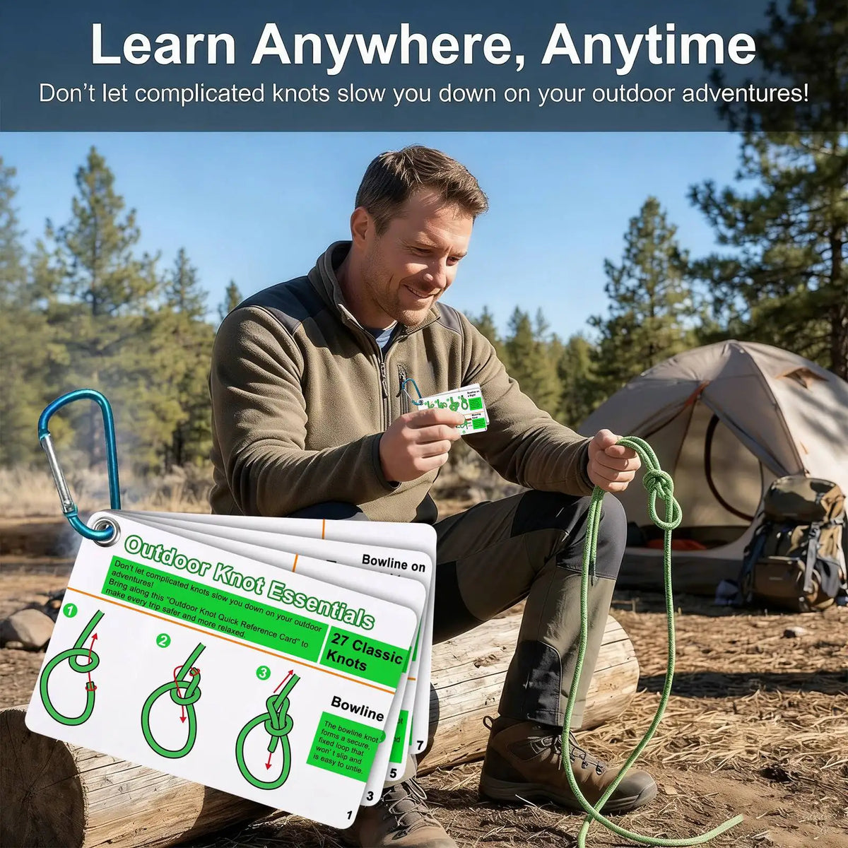 A man outdoors is demonstrating knots while holding an Outdoor Knot Essentials guide set near a tent.