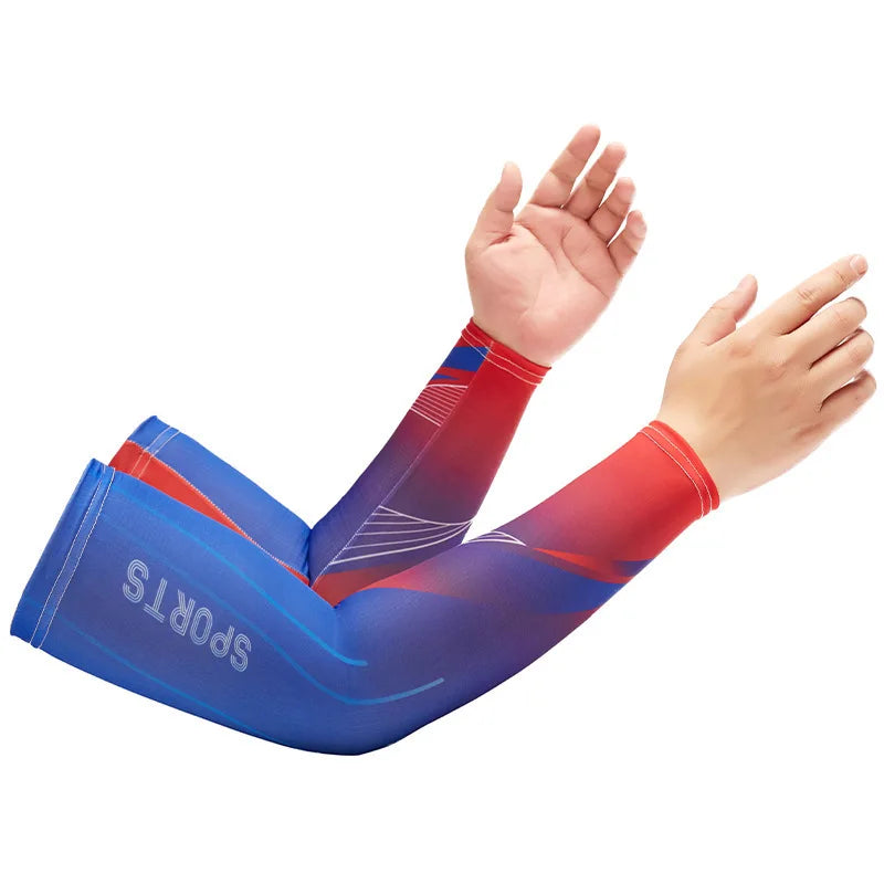 A person is wearing a blue and red sports arm sleeve on their forearm, demonstrating the fit.