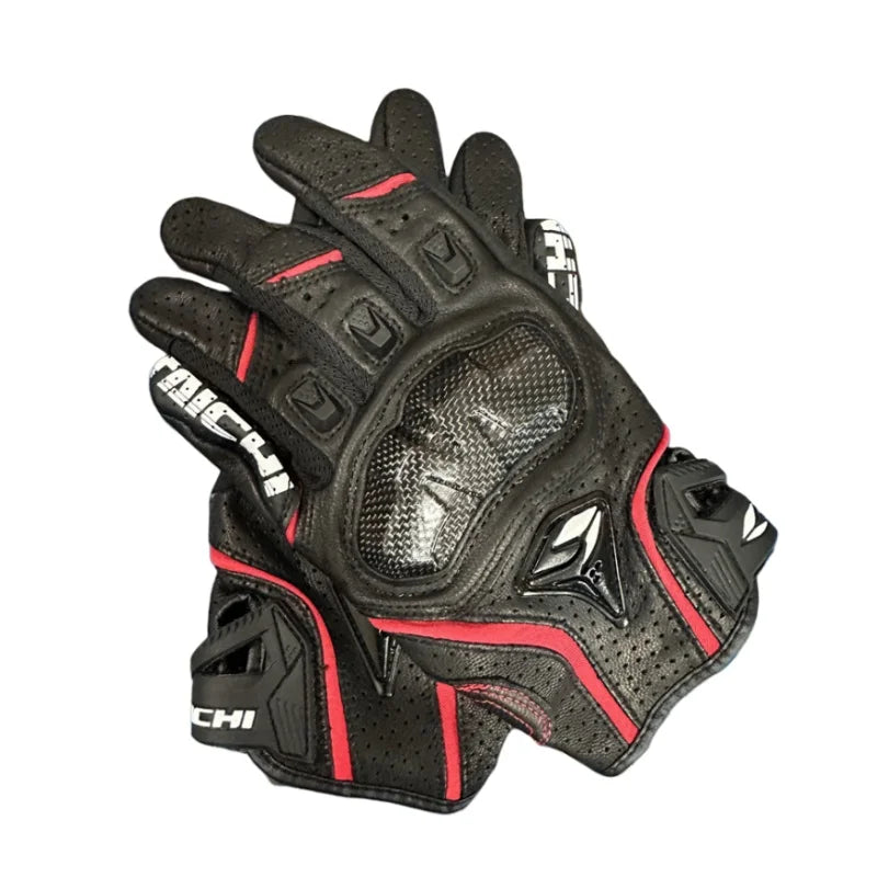 Black and red genuine leather motorcycle motocross gloves shown in a close-up view