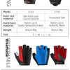 Eight styles of cycling gloves shown with details on materials, weight, and size options.