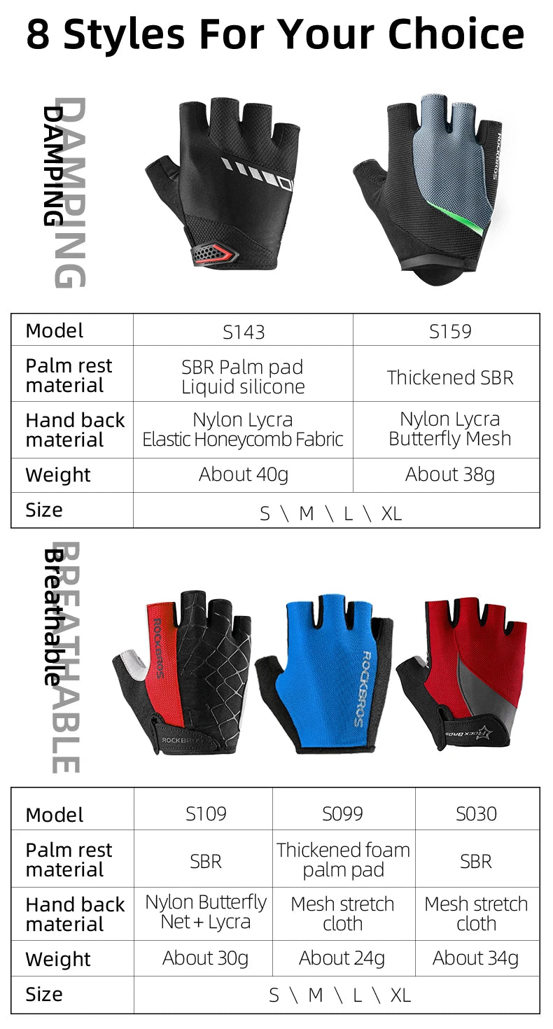 Eight styles of cycling gloves shown with details on materials, weight, and size options.