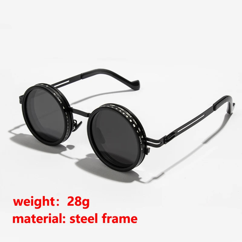 Black polarized round sunglasses with a black steel frame shown against a white background.