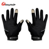 A pair of black durable full finger motorcycle riding gloves with light colored palms