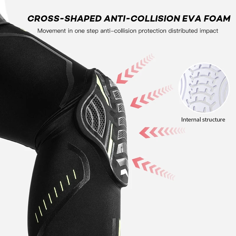 Black performance knee compression sleeve with cross-shaped anti-collision eva foam detailing