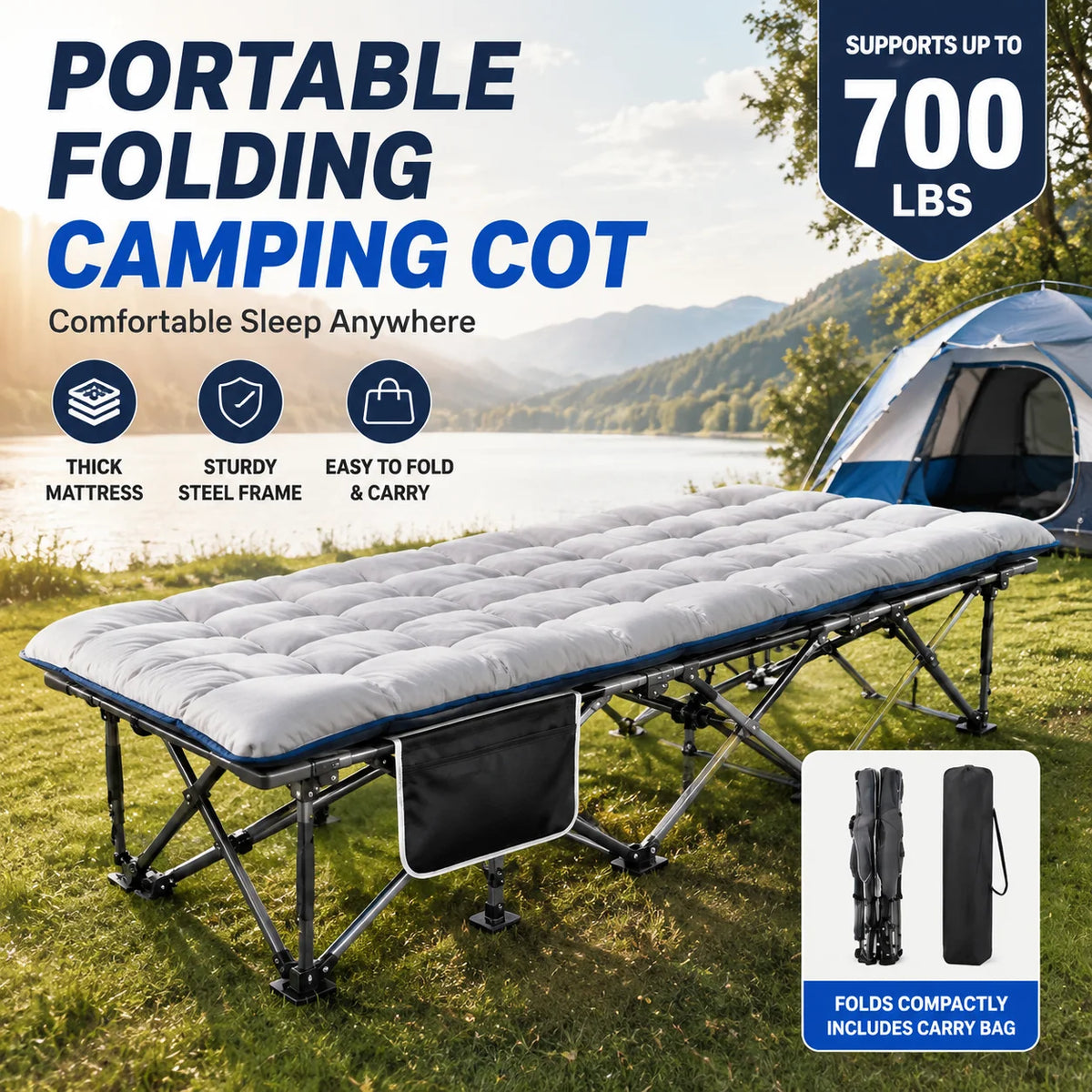 A portable folding camping cot with a padded mattress and steel frame is set up outdoors next to a tent.