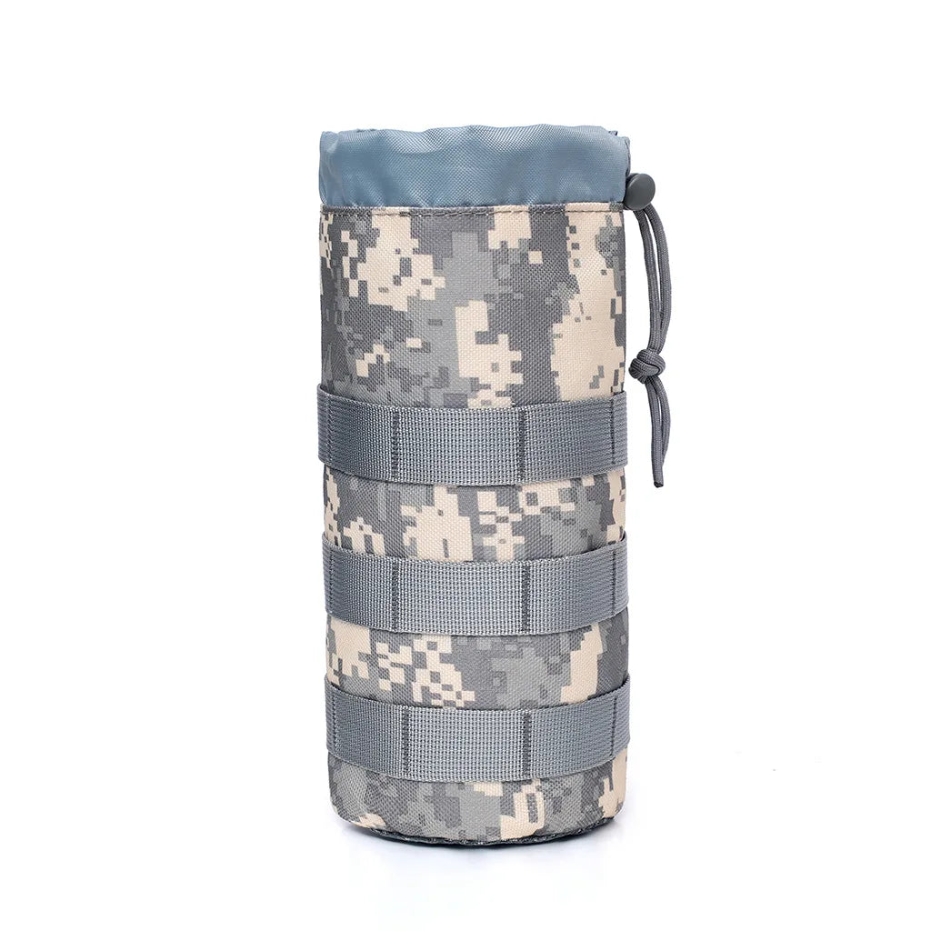 A gray and tan tactical MOLLE water bottle pouch with a blue top and multiple webbing straps.