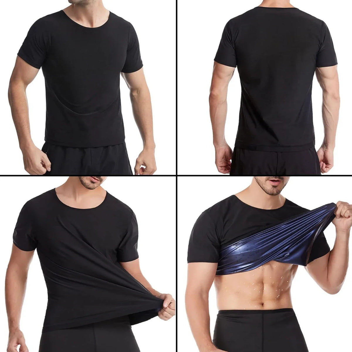 Un homme portant un haut et un bas de maillot de sauna noir performant.