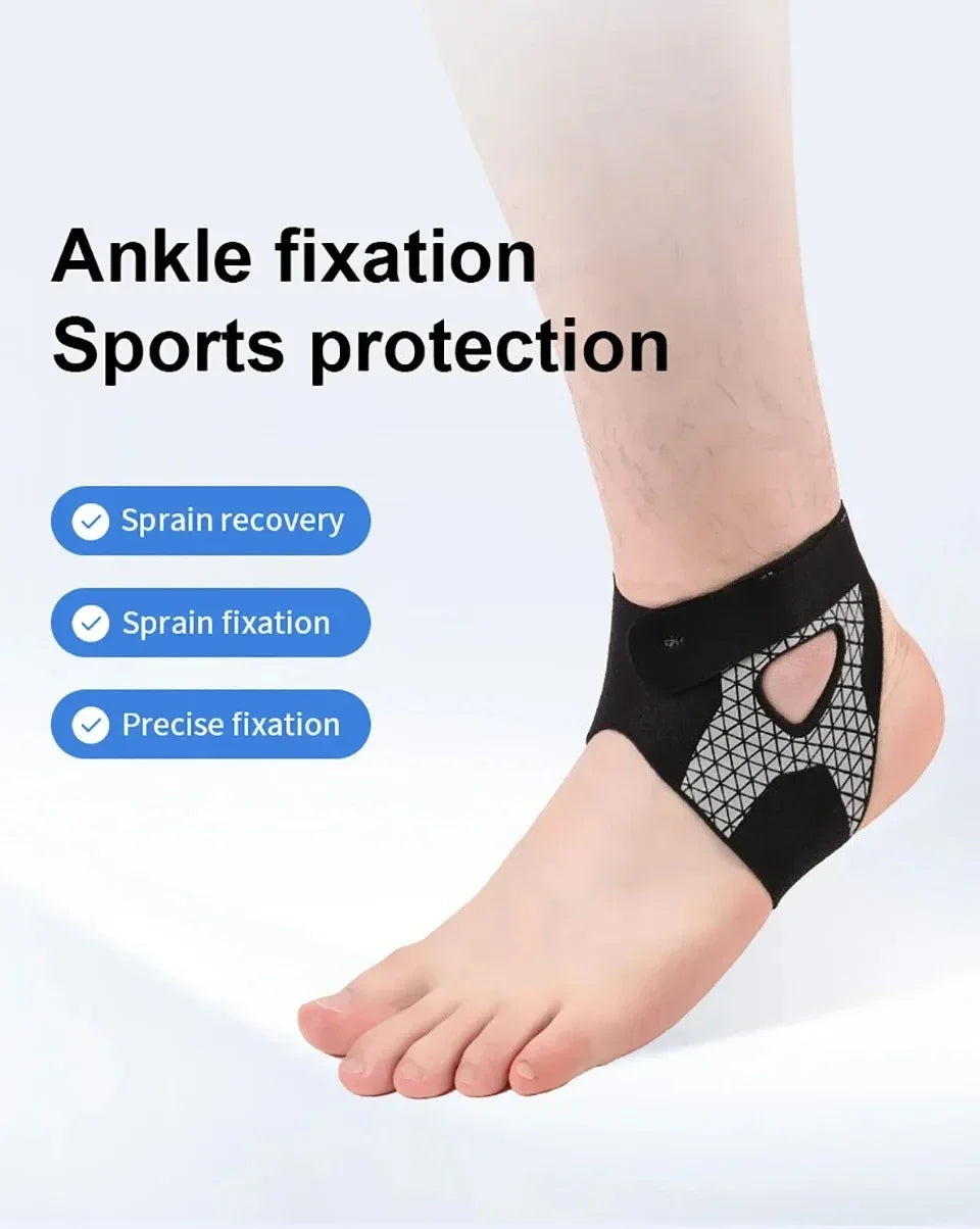 Black ankle fixation sports protection brace worn on a person's lower leg.