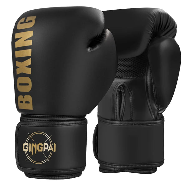 A pair of black boxing gloves with gold lettering and a black wrist strap.