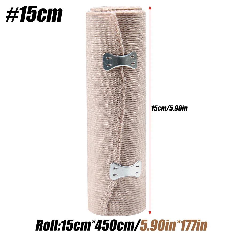Roll of 15cm elastic compression bandages in a beige color with silver fasteners