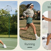 Eine Collage, die eine Frau zeigt, die Tennis spielt, draußen rennt und Sportshorts für Training und Freizeit trägt.