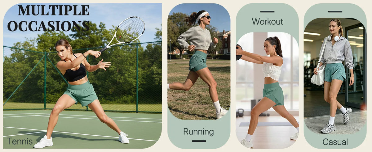 Eine Collage, die eine Frau zeigt, die Tennis spielt, draußen rennt und Sportshorts für Training und Freizeit trägt.