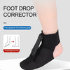 Black foot drop corrector brace worn on a foot, showing the stretching angle adjustment feature.